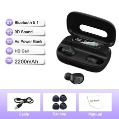 New TWS Earbuds Bluetooth 5.2 Luxury Earphone Smart Digital Touch Wireless Headphones With Mic Waterproof Sports Game Headset M9-Black CHINA