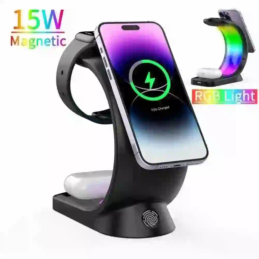 4-in-1 Magnetic Wireless Charger for Apple Products - Fast 15W Charging Station for iPhone, Apple Watch, Airpods with RGB LED Lights - MyAudioSounds