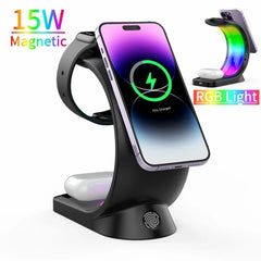 4-in-1 Magnetic Wireless Charger Stand for Apple Products - Fast Charging Station for iPhone, Apple Watch, and Airpods - 15W Output - RGB LED Lights CN