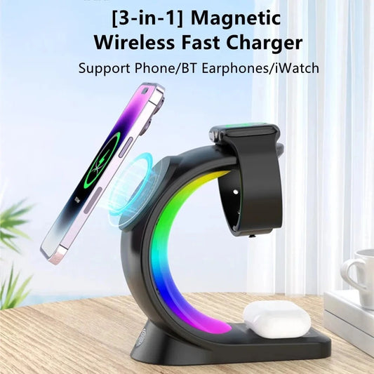 4-in-1 Magnetic Wireless Charger Stand for Apple Products - Fast Charging Station for iPhone, Apple Watch, and Airpods - 15W Output - RGB LED Lights